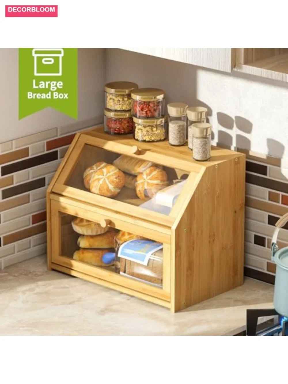 Double Layer Bamboo Wood Bread Box for Kitchen Countertop Storage